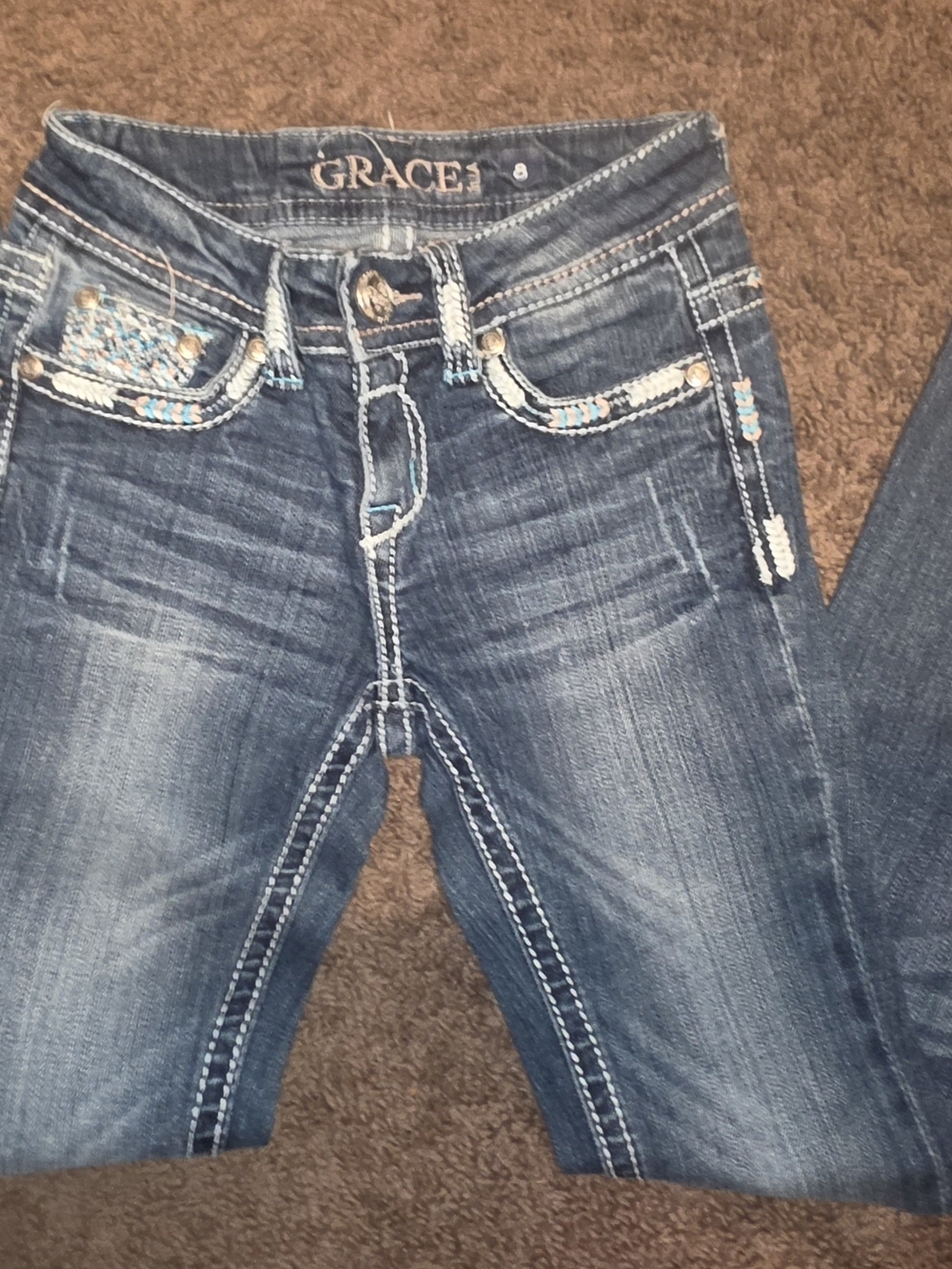 Grace JEANS FROM CAVENDERS Dark Blue Embroidered Pocket Girls Sz 8
